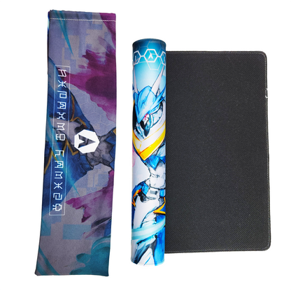 Rolled up playmat and fabric playmat bag.
