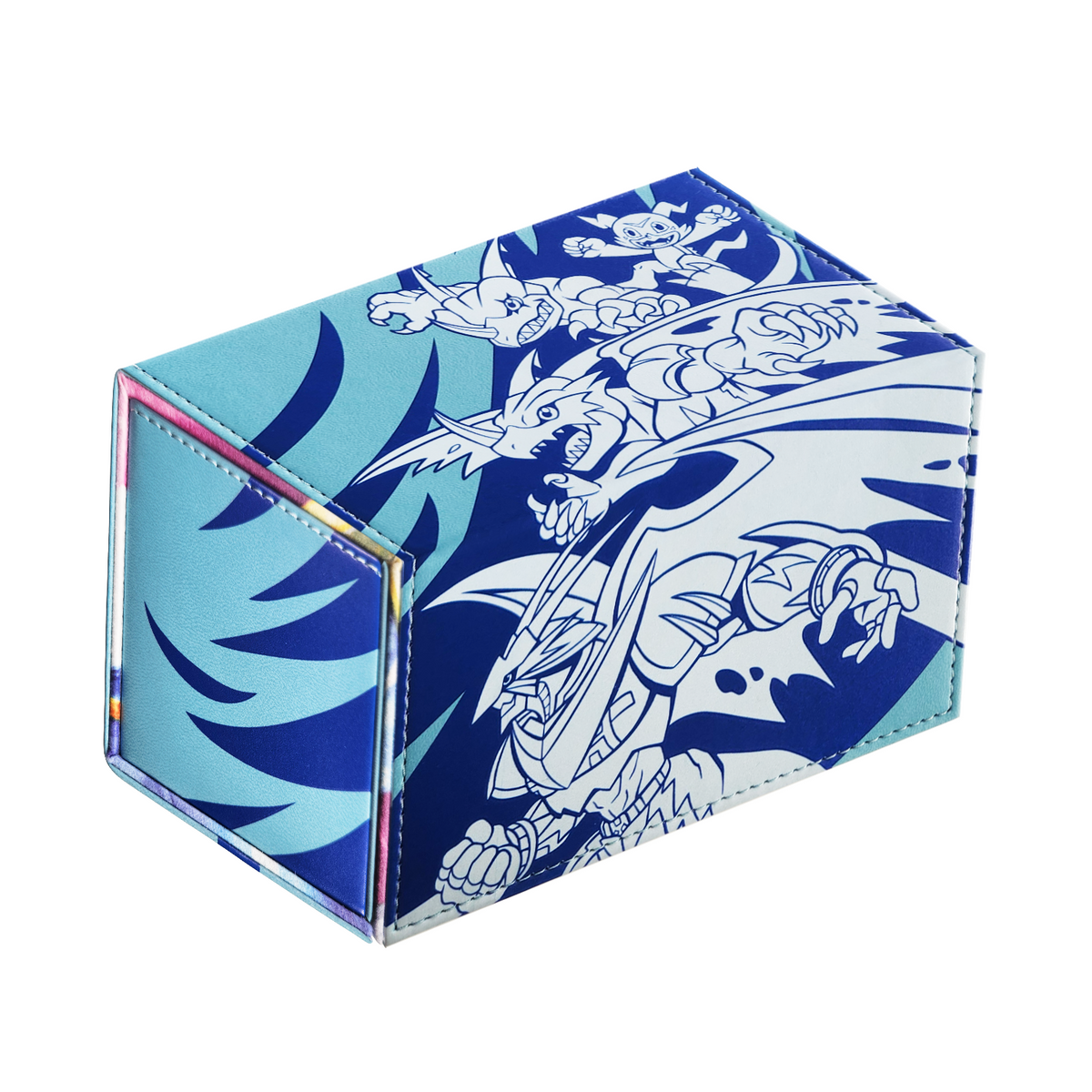 A blue deck box with blue print, featuring graphic artwork.  Perfect for protecting your cards.