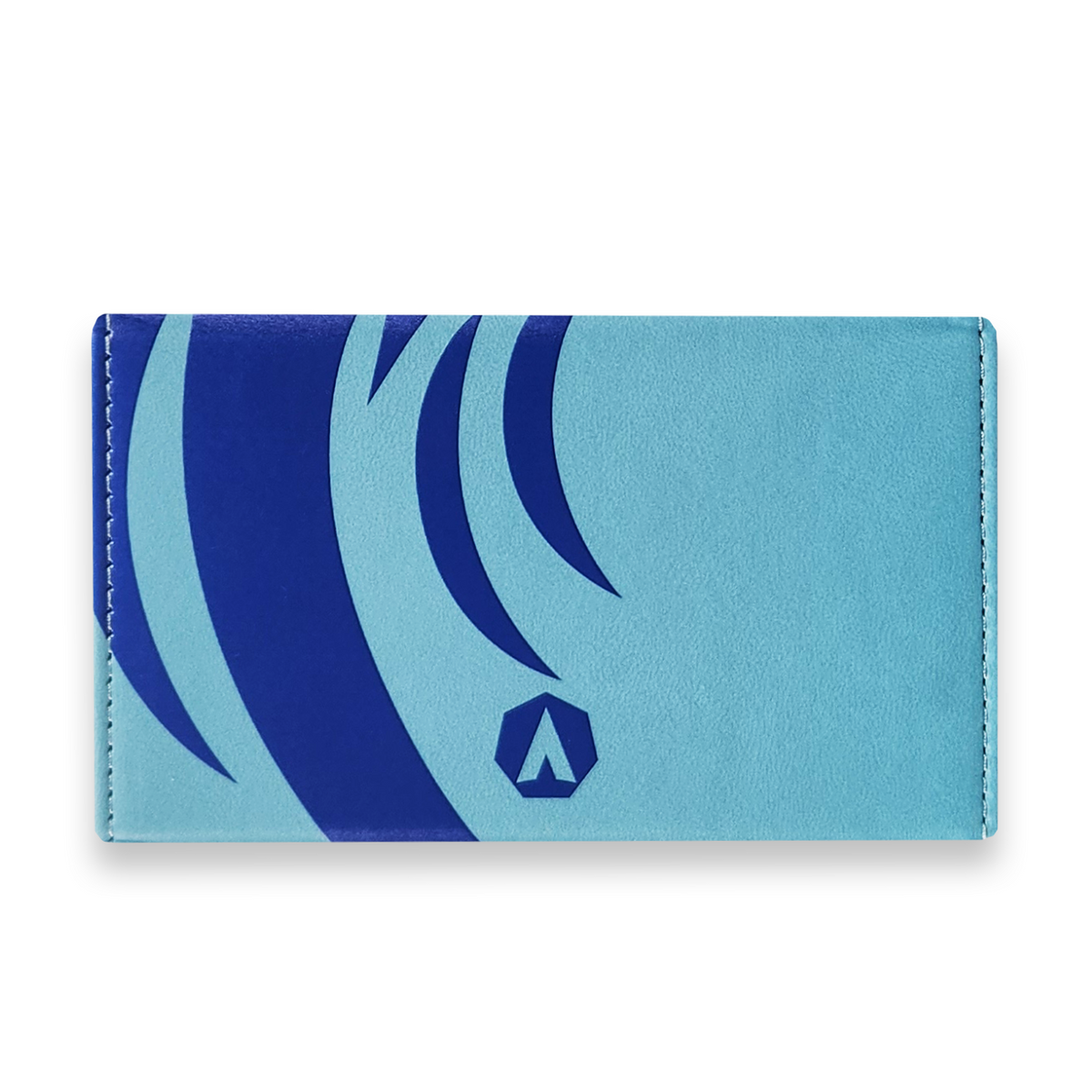 Back of a blue deck box with blue print, featuring graphic artwork.  Perfect for protecting your cards.