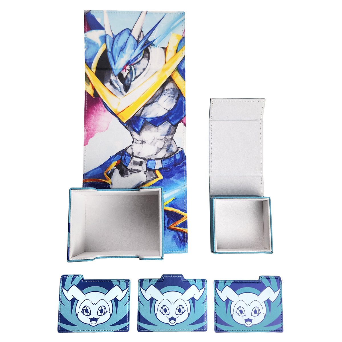 A blue deck box that includes dividers, and a detachable dice tray with blue character artwork.