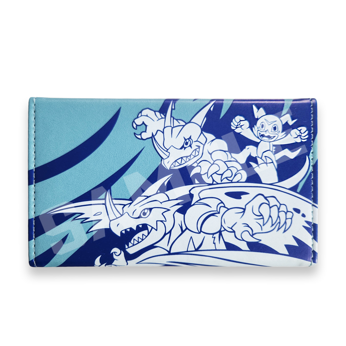 A blue deck box with blue print, featuring graphic artwork.  Perfect for protecting your cards.