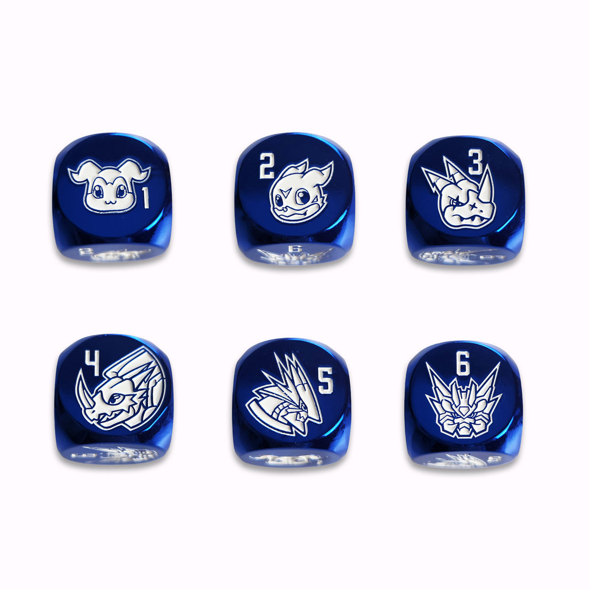 Metallic blue dice, each side featuring a unique character. 