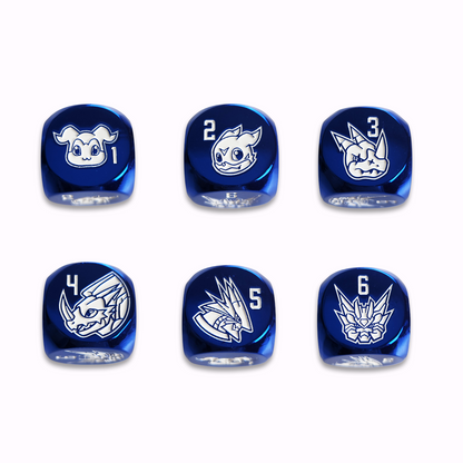 Metallic blue dice, each side featuring a unique character. 