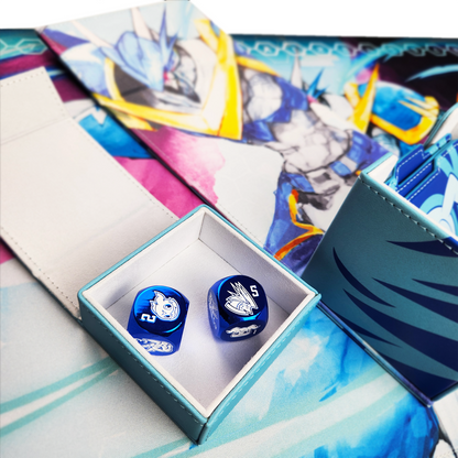 Metallic blue dice, each side featuring a unique character, in the detachable dice tray on top of matching rubber playmat.