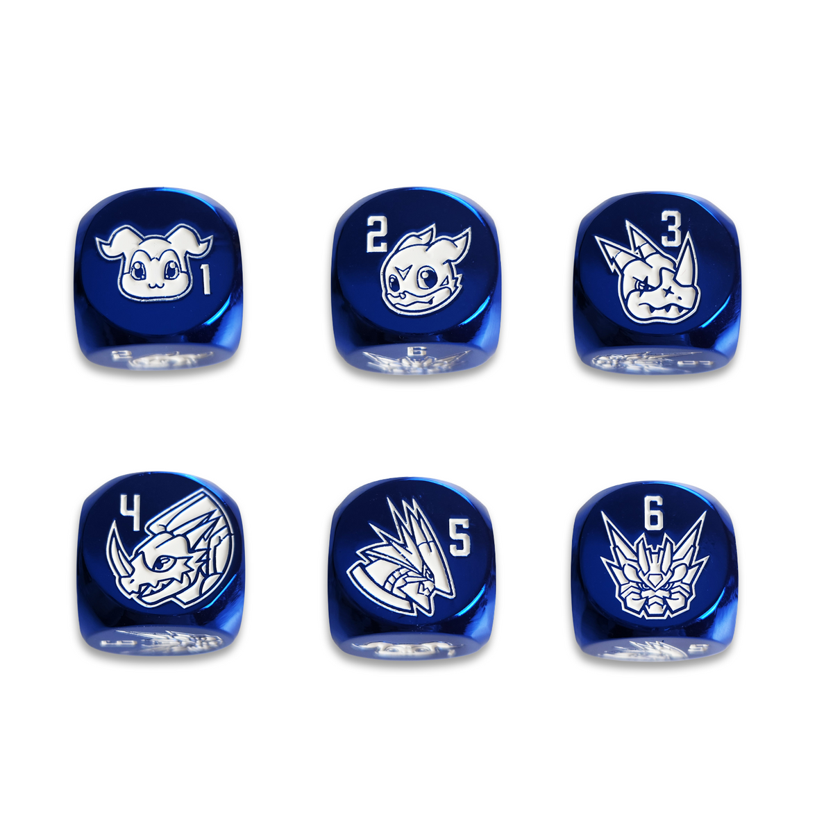 Victory Strike blue metallic dice with 6 unique artworks on each side.
