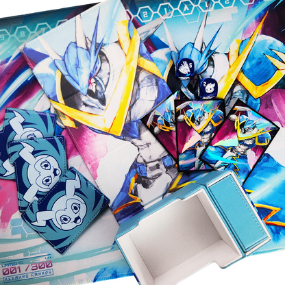 A close-up of a collectible card deck box with matching card sleeves, dice and playmat.