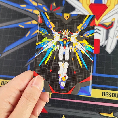 Shiny holographic sleeve featuring a mecha robot design. Different angles show different colors under light. 